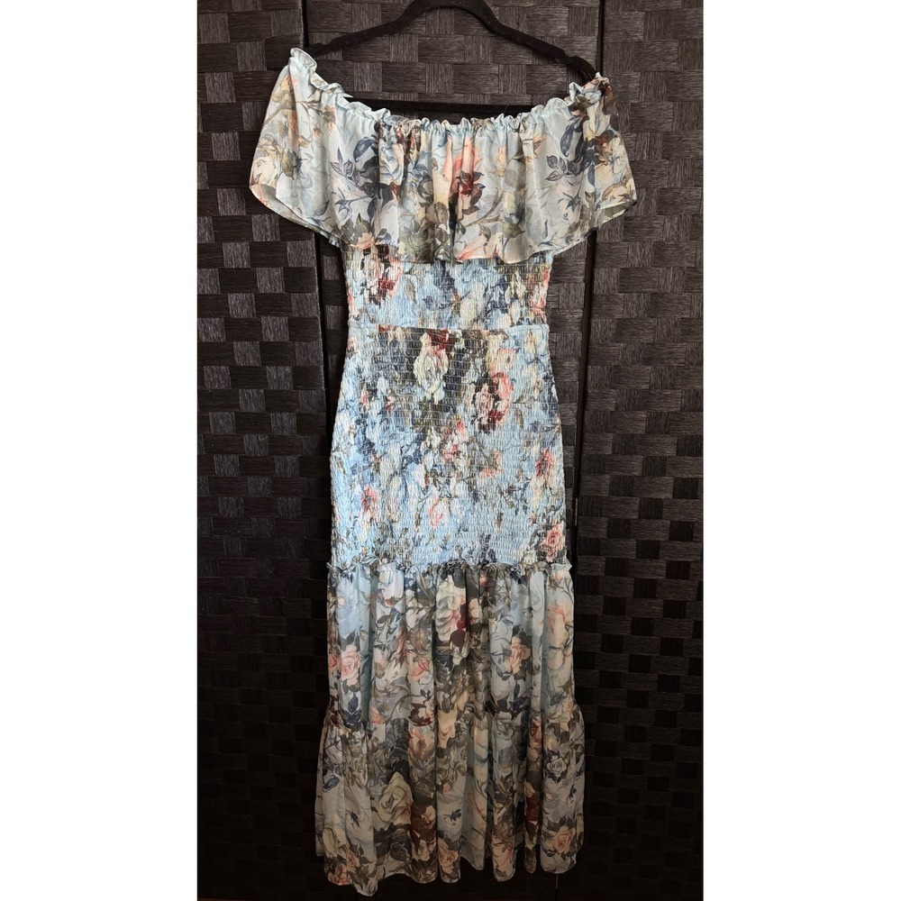 Baltic Born Maxi Dress Womens Medium Blue Floral Smocked Off Shoulder Romantic